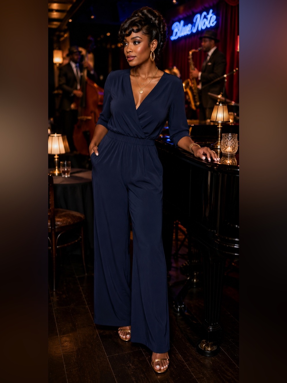 NY Collection Petite Wide Leg Jumpsuit Navy V-Neck 3/4 Sleeve Size PS